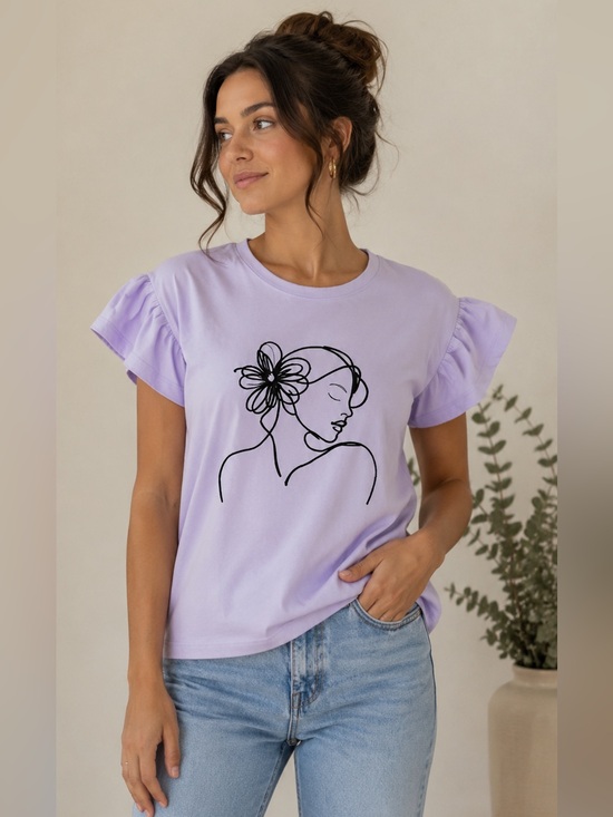 MDM Lux Tops - Chic Line Art Face Graphic Tee Lilac Ruffle Sleeve Boutique Top